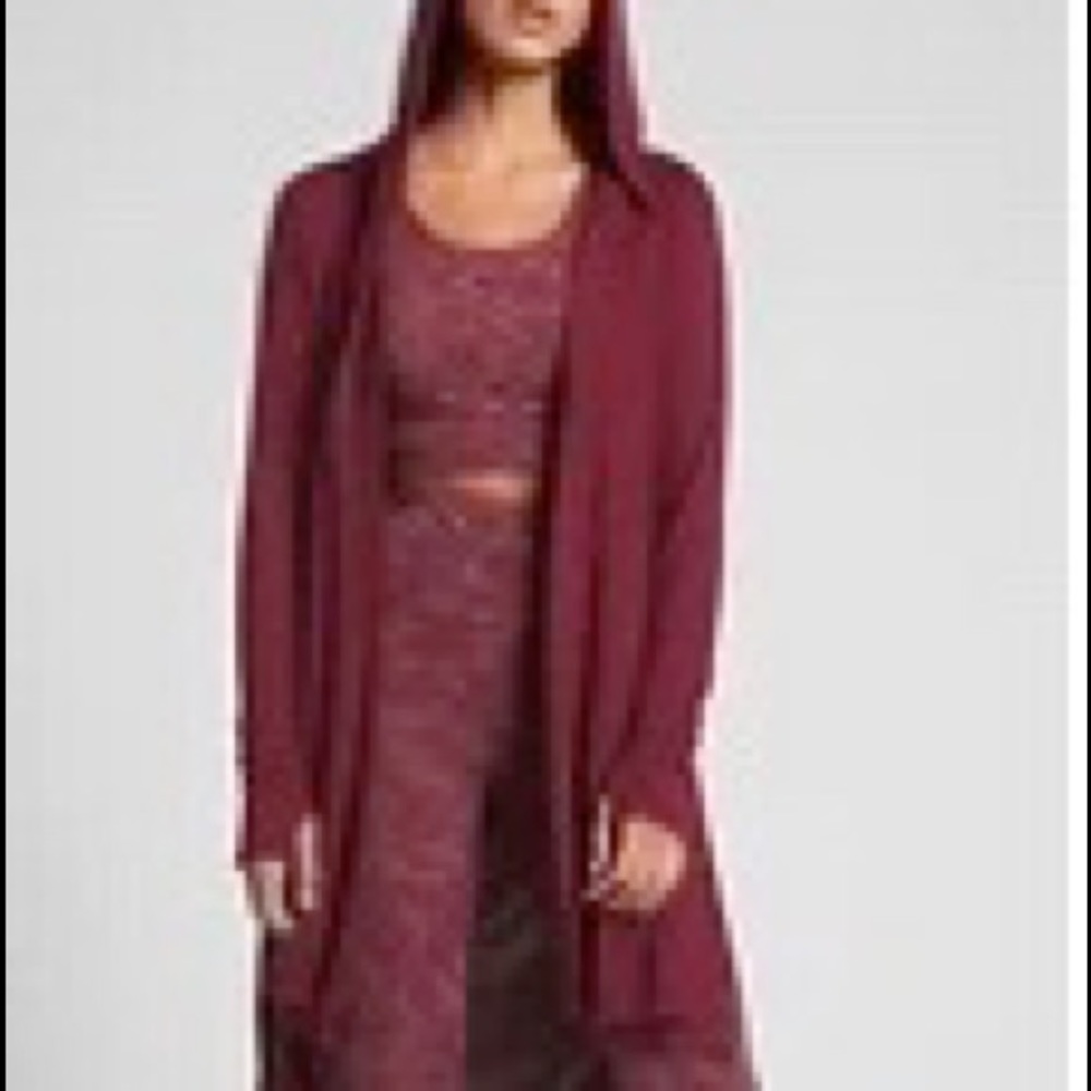 Athleta Long Hooded Open Cardigan in Burgundy